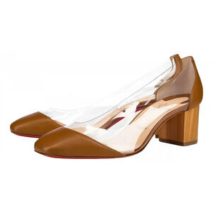 Christian Louboutin Grandola 55 Brown Leather PVC Block Heel Sandal Pump 37.5